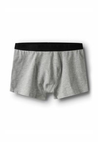 Boxer-briefs gris avec une taille élastique noire. Tissu doux et lisse avec une coupe ajustée et une poche en contour à l'avant.