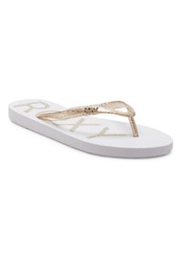 Vit flip-flop med en strukturerad plast-sula och gyllene glittriga remmar. Har varumärkesnamnet "ROXY" i guld på fotbädden.