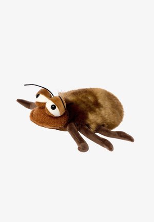 Soft brown plush insect toy with large white and black eyes, two black antennae, and six fabric legs on a white background.