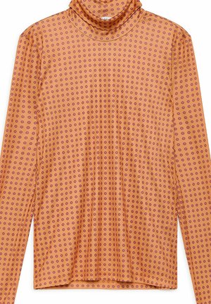 Langärmeliges Rollkragenshirt in Orange mit lila Kreis-Mustern, mit schmaler Passform und weichem, dehnbarem Stoff für Komfort.