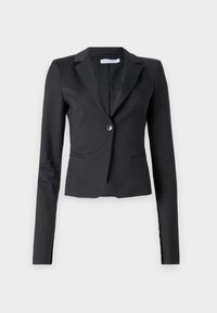 Černý pánský oblekový blazer s jedním knoflíkem, klopovými límci a slim-fit provedením. Obsahuje ramenní švy a jemné detaily šití.
