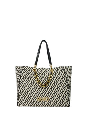 Borsa tote beige e nera con manici in pelle nera, dettaglio a catena oro e nera e logo "LIU JO" dorato sul davanti.
