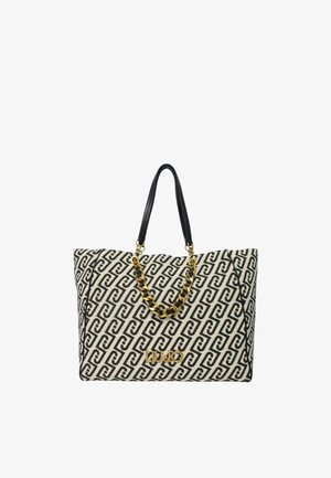 Borsa tote beige e nera con manici in pelle nera, dettaglio a catena oro e nera e logo "LIU JO" dorato sul davanti.