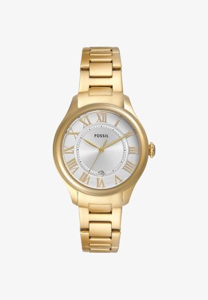 Gold-tone Fossil wristwatch with silver dial, Roman numeral hour markers, three hands, and date display at 6 o'clock.