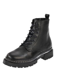 Bota de tobillo de cuero negro con punta redonda, diseño de cordones, superficie texturizada y suela gruesa que presenta un detalle de costura blanca en contraste.