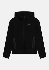 Black zip-up hoodie made of soft fabric. Features a hood, two zippered front pockets, and a small logo on the chest.