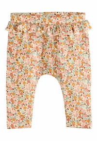 Bloemmotief leggings met een gerimpelde tailleband. Bevat een geribbelde textuur in pastelkleuren, voornamelijk roze met oranje en groene accenten.