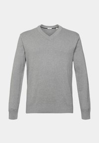 Pull à col en V gris clair à manches longues avec poignets et ourlet côtelés, présenté sur un fond blanc uni.
