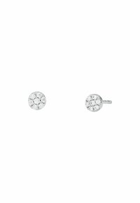 Orecchini a bottone in argento con un design rotondo, adornati con numerosi cristalli trasparenti disposti in un motivo floreale.