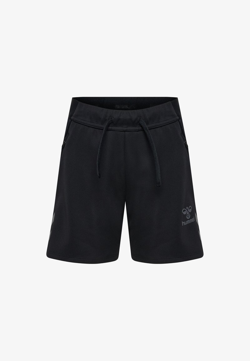 Svart sportshorts med dragsko i midjan, sidofickor och Hummel-logotyp tryckt på framsidan. Slätt tyg med modern passform.