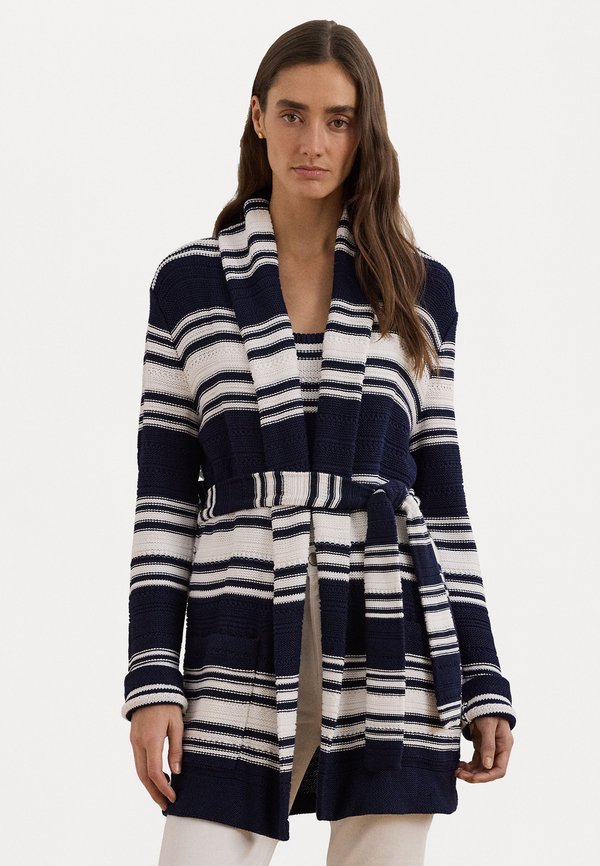 STRIPED BELTED COTTON BLEND CARDIGAN - Cardigan