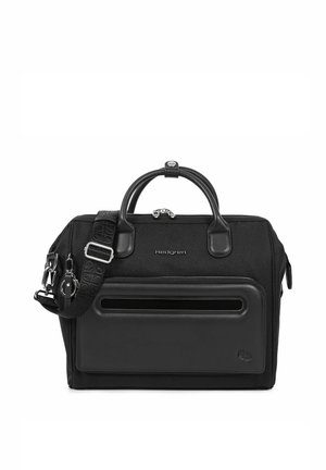 Sac à main noir Hedgren avec poignées supérieures, bandoulière réglable, poche avant zippée et détail arrondi sur la fente de la poche extérieure.
