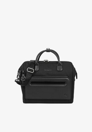 Sac à main noir Hedgren avec poignées supérieures, bandoulière réglable, poche avant zippée et détail arrondi sur la fente de la poche extérieure.