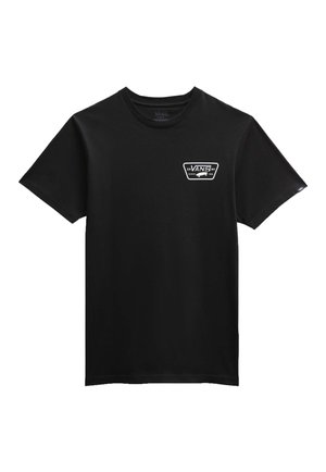 Czarna koszulka Vans z krótkim rękawem, małym białym logo Vans na lewej piersi i okrągłym dekoltem.