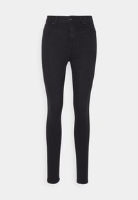 Crne skinny traperice s visokim strukom, pet džepova i glatkom teksturom. Imaju prednje kopčanje s gumbom i patentnim zatvaračem.