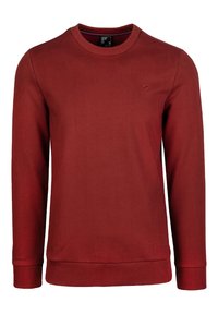 Roter Baumwollpullover mit Rundhalsausschnitt, langen Ärmeln, gerippten Bündchen und Saum. Kleines Logo-Detail auf der Brust. Glatte Textur.