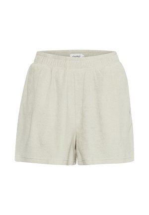 Cremefarvede shorts lavet af blødt terry-stof, med elastisk talje og en afslappet pasform, uden synlige lommer eller mønstre.