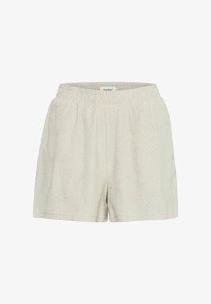 Cremefarvede shorts lavet af blødt terry-stof, med elastisk talje og en afslappet pasform, uden synlige lommer eller mønstre.