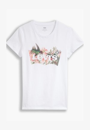 T-shirt branca de algodão com um gráfico floral colorido, apresentando um colibri e o texto "Levi's" ao centro. Mangas curtas e decote redondo.