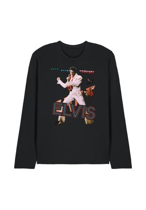 Black long-sleeve shirt with a graphic of Elvis Presley singing, wearing a white jumpsuit with red accents and the name "ELVIS" below.