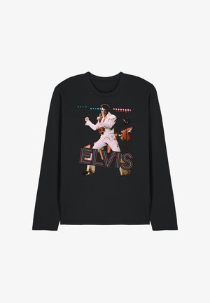 Black long-sleeve shirt with a graphic of Elvis Presley singing, wearing a white jumpsuit with red accents and the name "ELVIS" below.