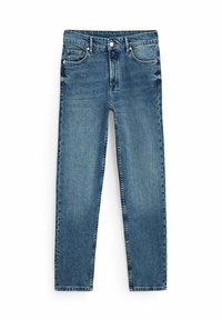 Blue denim jeans with a straight leg design, five pockets, and a button fly. The fabric shows slight fading for a worn look.