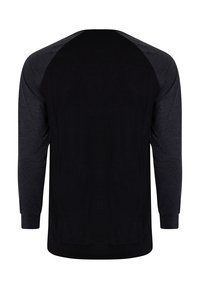 Long-sleeve shirt featuring a black body and dark gray raglan sleeves. Smooth fabric with a crew neckline and ribbed hem.
