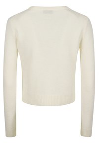 Maglione chiaro in crema con maniche lunghe, polsini e orlo a coste, texture lavorata a maglia e scollatura tonda, caratterizzato da un design semplice e privo di decorazioni.