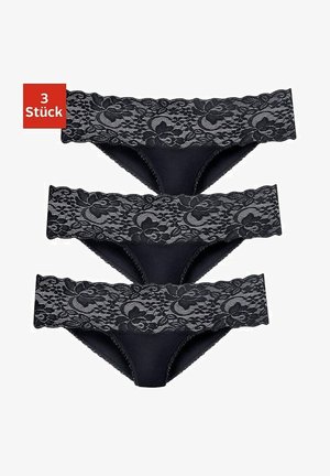 Zwarte kanten hipster onderbroek met een bloemenontwerp, voorzien van een zachte stofbasis en een brede kanten tailleband. Drie stuks inbegrepen.