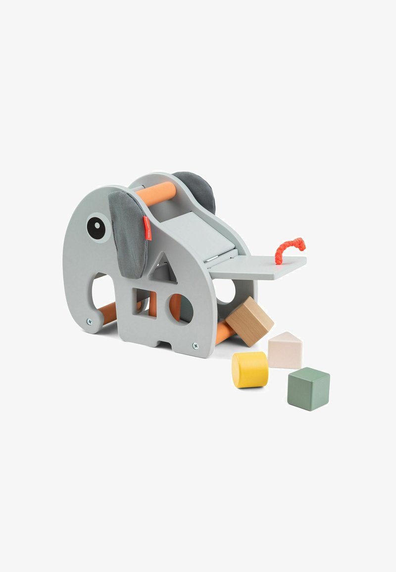 Juguete de madera en forma de elefante gris con orejas de tela, mangos naranjas y cuatro coloridos bloques geométricos para clasificar formas.