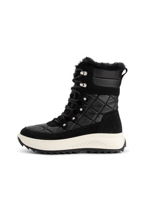 Zwarte gewatteerde winterlaars met bontafwerking, vetersluiting aan de voorkant, dikke witte zool en robuuste profiel voor buitengebruik.