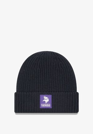 Navy knit beanie with a folded cuff, featuring a purple Minnesota Vikings logo patch on the front for branding and detail.