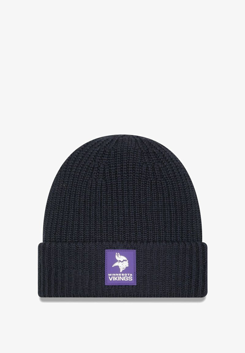 Navy knit beanie with a folded cuff, featuring a purple Minnesota Vikings logo patch on the front for branding and detail.