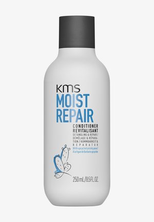 KMS Moist Repair Conditioner-Flasche, weiß mit schwarzem Deckel, blauer und schwarzer Schrift, enthält 250 ml, mit Illustration einer Kaktusfeige.