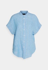 Svetle modrá košile s krátkým rukávem vyrobená z pruhované tkaniny, s volným střihem, s bandovým límečkem a zapínáním na knoflíky.