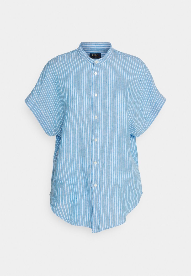 Svetle modrá košile s krátkým rukávem vyrobená z pruhované tkaniny, s volným střihem, s bandovým límečkem a zapínáním na knoflíky.