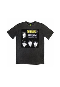 Black cotton t-shirt featuring a large graphic of The Beatles with text "DO YOU WANT TO KNOW A SECRET? AND THANK YOU GIRL" in yellow and white.