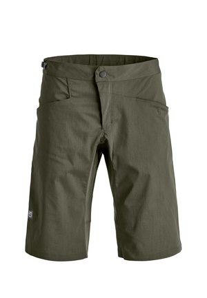 Kniebund-Shorts in Olivgrün mit Fronttaschen, Knopfverschluss und dezentem Logo am unteren linken Bein.