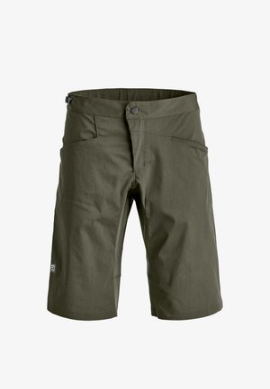 Kniebund-Shorts in Olivgrün mit Fronttaschen, Knopfverschluss und dezentem Logo am unteren linken Bein.
