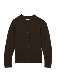 Tmavě hnědý cardigan s výstřihem do V a dlouhými rukávy, se třemi černými knoflíky vpředu a ribbovanými manžetami a spodním lemem.