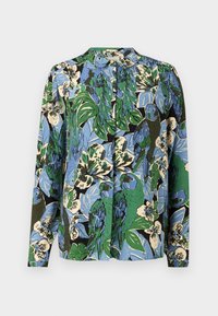 Long-sleeve blouse featuring a vibrant floral and parrot pattern in blue, green, and cream on a black background; soft fabric, relaxed fit.