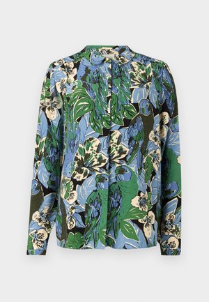 Langzaam blouse met lange mouwen met een levendig bloemen- en papegaaienpatroon in blauw, groen en crèmekleur op een zwarte achtergrond; zachte stof, ontspannen pasvorm.