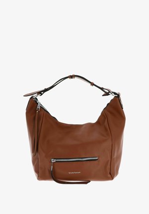 Sac à épaule en cuir marron avec une finition texturée, poche zippée et accents de sangle noirs. Présente un design simple et courbé.