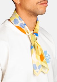 Homme portant un t-shirt blanc avec un logo bleu et une écharpe jaune avec des motifs abstraits bleus, oranges et verts nouée autour de son cou.