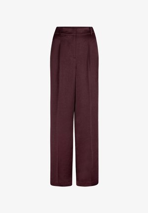 Burgunderfarbene, weit geschnittene Hose aus crinkliertem Stoff mit hoher Taille und seitlichen Taschen, die eine glatte Textur und ein maßgeschneidertes Design aufweist.
