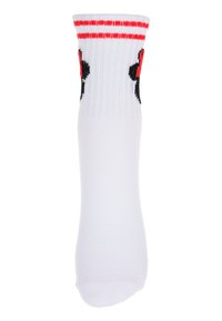 Calcetín blanco con rayas rojas y negras en la parte superior, con un diseño de bordado negro. Fabricado con material suave, con una forma deportiva clásica.