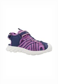 Zapatillas de agua moradas y marinas con diseño de malla, correa ajustable, suela blanca y puntera de goma. Adecuadas para actividades húmedas y al aire libre.