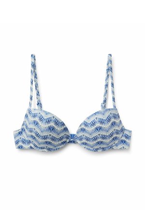 Soutien-gorge rembourré à motifs bleu et blanc avec bretelles réglables et fermeture à l'avant, présenté sur fond blanc.