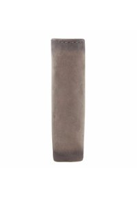 Gray leather wallet with a smooth texture, rectangular shape, and rounded edges. Features visible stitching along the top edge.