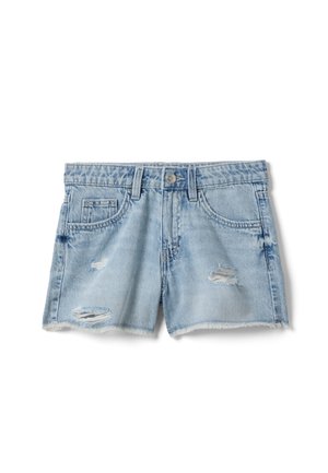 Lichtblauwe denim shorts met rafelige zoom en versleten scheuren aan de voorkant, voorzien van voor- en muntzakken en riemlussen.